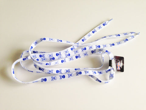 White Shoelaces With Blue Skull Print Design Flat Shoe laces