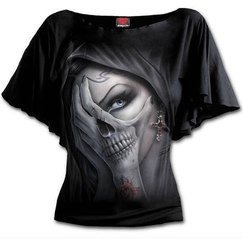 Spiral Direct Dead Hand Boat Neck Bat Sleeve Top Skull Skeleton Death