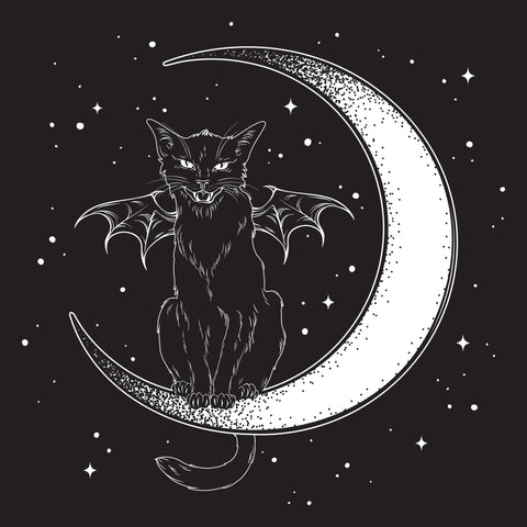 Witches Black Cat Bat Wings Sitting On Crescent Moon Hissing Greetings Card 6”x6”