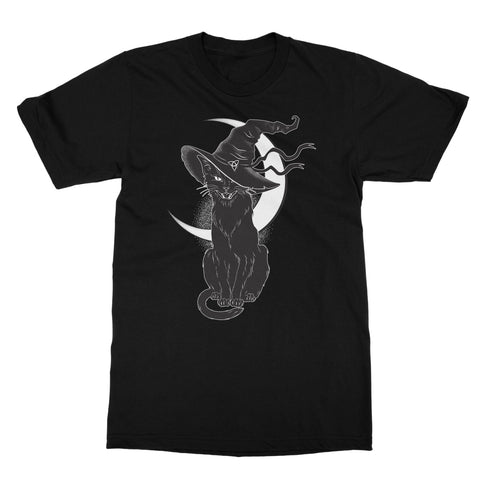 Black Witches Cat Hissing In Hat Crescent Moon T-Shirt