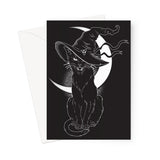 Black Witches Cat Hissing In Hat Crescent Moon Greeting Card
